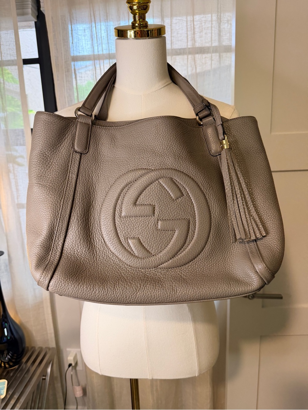 Gucci Taupe Gray Pebbled Leather Tote with Tassel